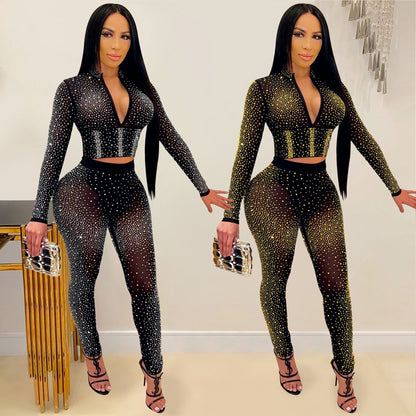 Women Clothing Sexy Tight Mesh See-through Long Sleeve Rhinestone Two-Piece Set Blouse Pants Women - Wanita Store