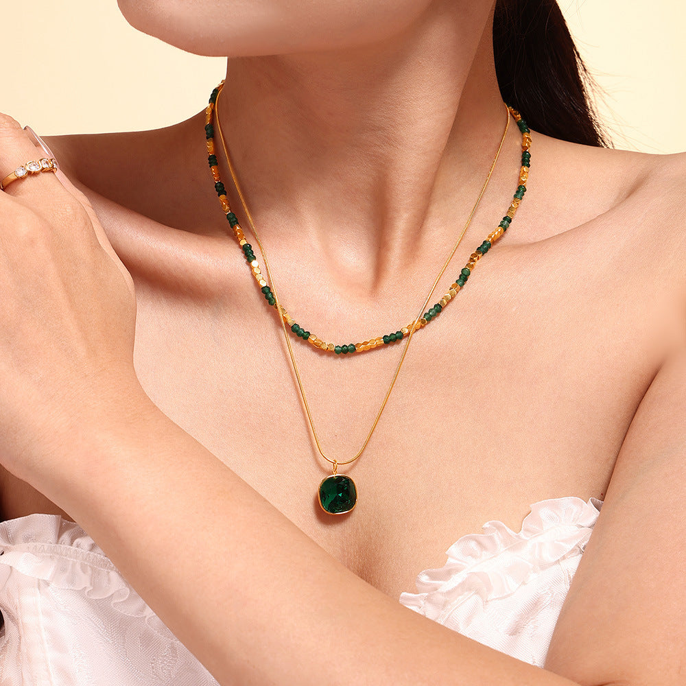 Natural Stone Beaded Crystal Stone Embellished Double Layer Necklace Stainless Steel All Match Clavicle Chain Necklace - Wanita Store