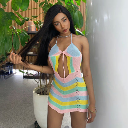 Wave Striped Contrast Color Product Mother Halter Straps Backless Chest Hollow Out Cutout Sexy Woolen Short Dress Women - Wanita Store