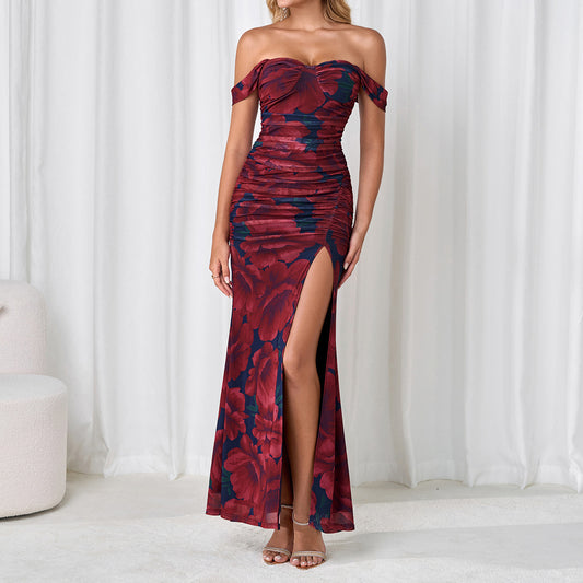 Mesh Camisole Dress Backless High Slit off Neck Slim Fit Ruffle Hip Dress