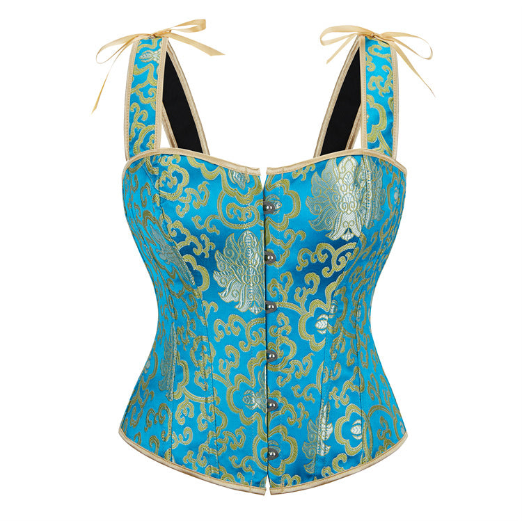 Blue Color Double-Shoulder Strap Bronzing Pattern Women Upper Body Body Shaping Court Shaper
