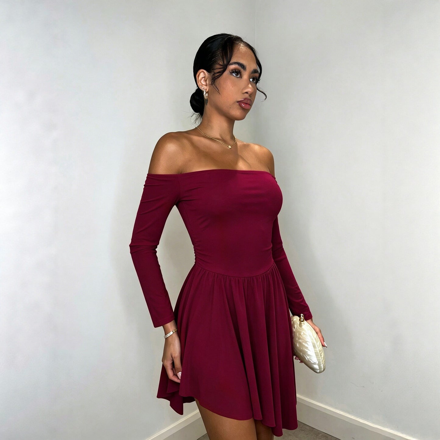 Off Shoulder Long Sleeve Dress Tight Waist Irregular Asymmetric Sexy Dress