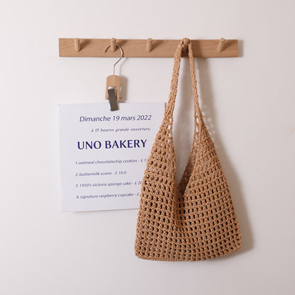 Hollow Out Cutout Cotton Thread Woven Bag Summer Simple Shoulder Straw Bag Vacation Beach Bag Women Bag - Wanita Store