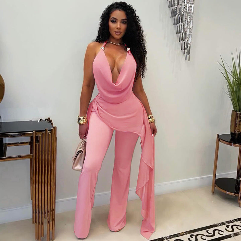 Women Clothing Summer Solid Color False Two Piece Chiffon Splicing Halter Strap Fluttering Ribbon Jumpsuit