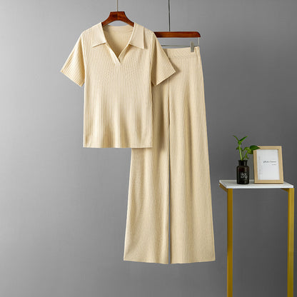 Women Clothing Polo Collar Pullover Short Sleeve Top Slimming Solid Color Wide Leg Trousers Knitted Suit - Wanita Store