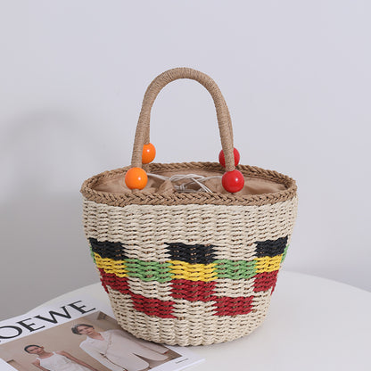 Cute Wooden Bead Portable Straw Weaved Bag Fresh Color Plaid Hand Carrying Woven Bag Fruit Picnic Basket Beach Bag - Wanita Store