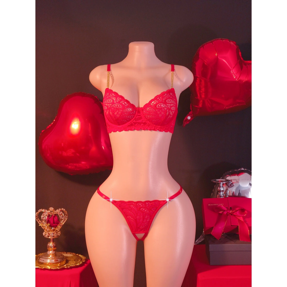Red Lace Underwear Two Piece Metal Chain Shoulder Strap Sexy Home Wear