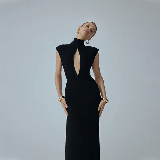 Women Clothing Black Fashionable Slim Fit Figure Flattering Stand Collar Chest Hollow Out Cutout out Mesh Stitching Mop Dress
