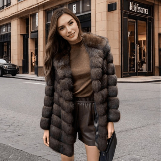 Women Artificial Mink Hair Fur Coat Mid Length Hooded Coat Fur Casual Warm Loose Office