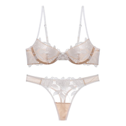 Sexy Underwear Women Three Dimensional Embroidered Mesh Stitching Ultra Thin with Steel Ring Push up Bra Set