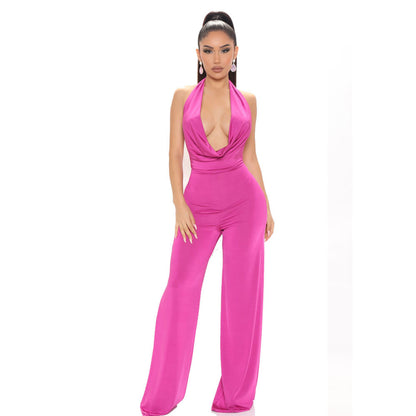 Summer Sexy Women Clothing Deep V Plunge Halter Backless Waist Wide Leg Jumpsuit - Wanita Store