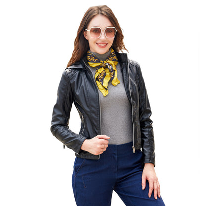Fall Winter Hooded Leather Coat Women's Detachable Hat Long Sleeve Zipper Fleece-Lined Leather Jacket Slim Coat - Wanita Store