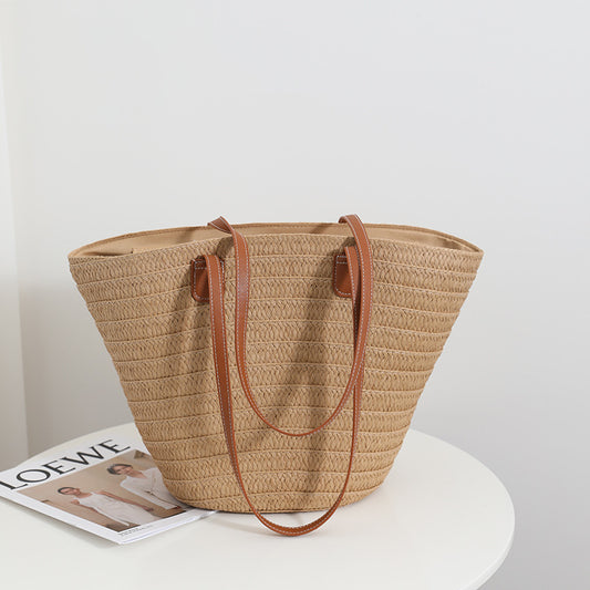 Simple Shoulder Straw Bag Large Capacity Straw Bag Woven Bag Tote Bag Women Seaside Vacation Beach Bag - Wanita Store