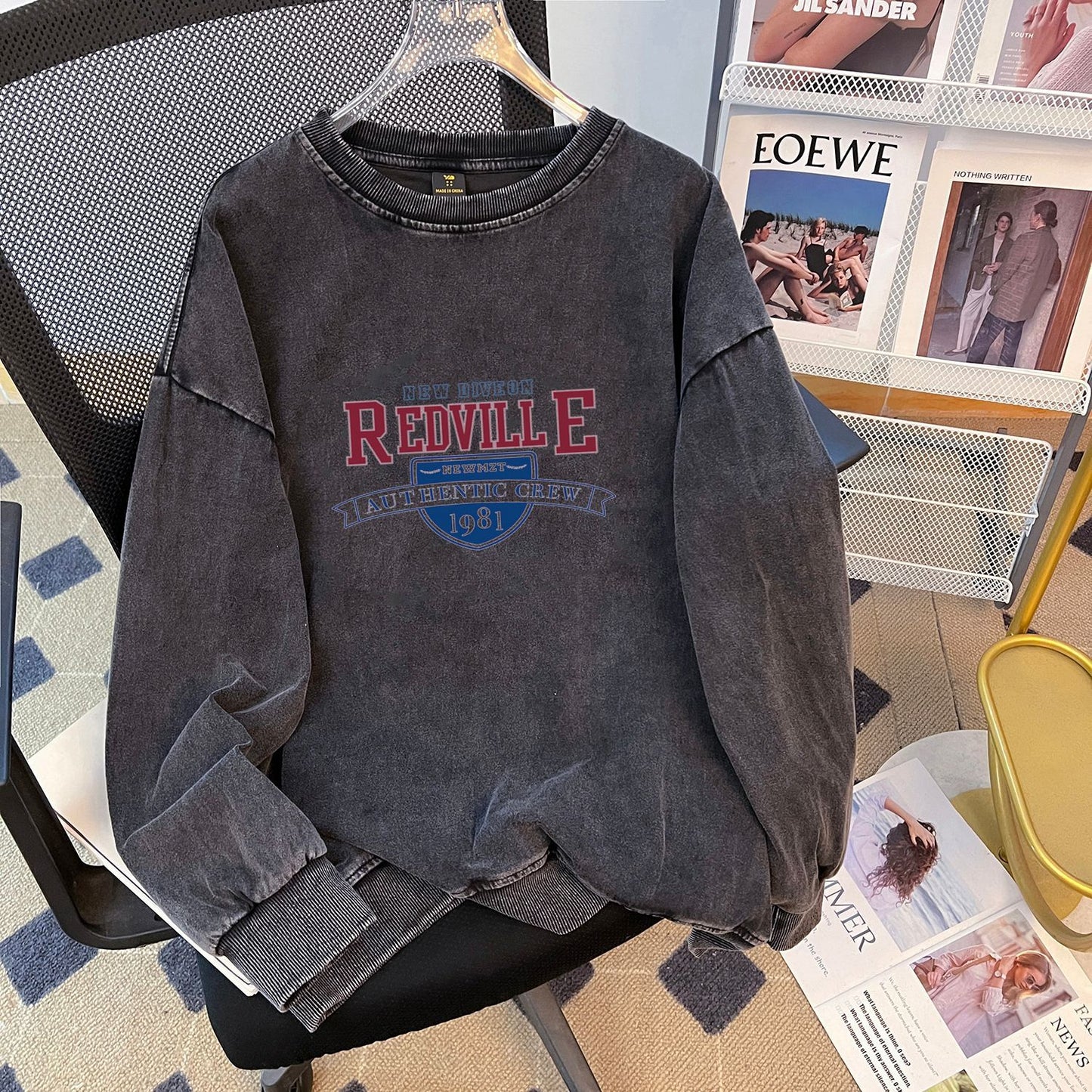 Mid Length Vintage Fleece Lined Composite round Neck Women Long Sleeve Autumn Winter Padded Top