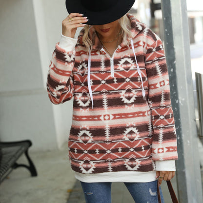 Casual Women's Autumn Clothing Pullover Hooded Fleece Lined Long Sleeve Loose Christmas Pattern Printed Zipper - Wanita Store