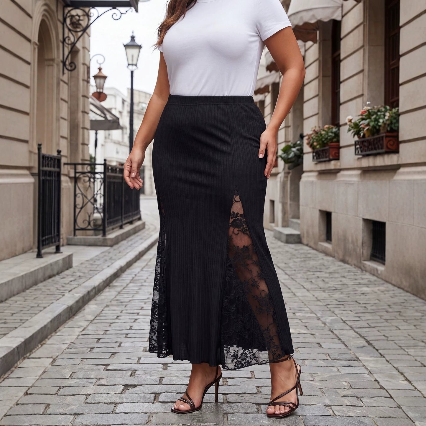 Plus Size Women Clothing Summer Design Lace Stitching Ruffle Skirt