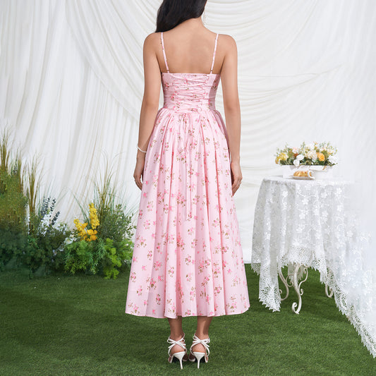 Vacation Low Collar Slip Dress Sexy Backless Lace up Waist Slimming Printed Pleated Midi Dress