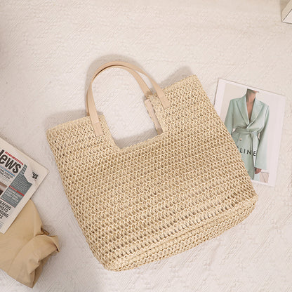 Shoulder Straw Bag Simple Large Capacity Portable Straw Bag Woven Bag Seaside Vacation Beach Bag Women Bag - Wanita Store