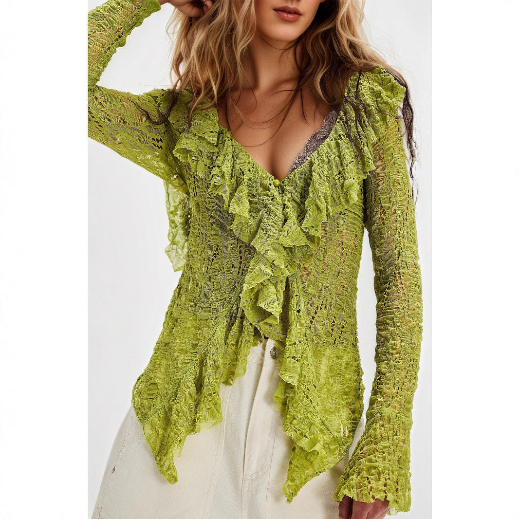 Camiseta de encaje con cuello de pico para mujer, cárdigan de otoño con volantes, top corto de punto de manga larga