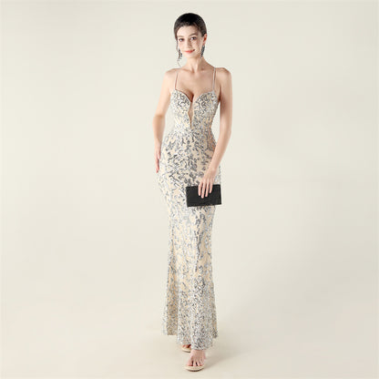 Beaded Embroidery Sequined Waist Trimming Lace up Deep V Plunge Heart Strap Evening Dress Cocktail Party - Wanita Store