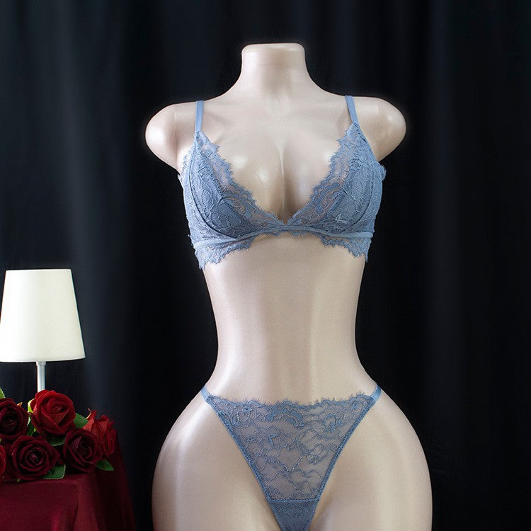 Ladies Sexy Lace Bra Unpadded Wireless Thin See through T Back Two Piece Set