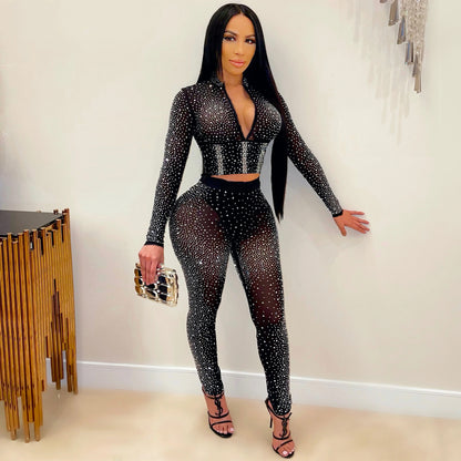 Women Clothing Sexy Tight Mesh See-through Long Sleeve Rhinestone Two-Piece Set Blouse Pants Women - Wanita Store