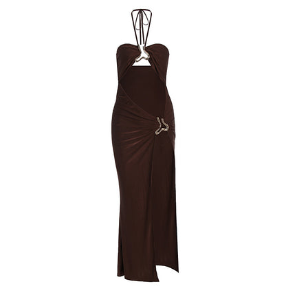 Women Clothing Summer Sexy Lace up Cutout Metal Decoration Split Dress - Wanita Store