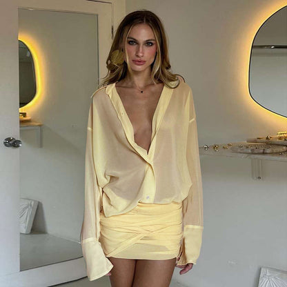 Spring Women Elegant Sexy Collared Slim Fit Sheath Lace up Shirt Dress Short Dress Women - Wanita Store