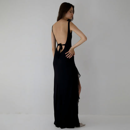 Summer Elegant Ribbon Women Dress Sexy Backless High Slit Ruffled Slim Dress - Wanita Store