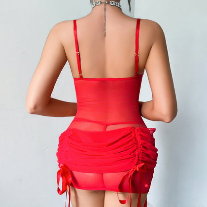 Floral Decoration See through Tulle Waist Shrinking Wrinkle Skirt Body Shaping Sexy Night Skirt Set