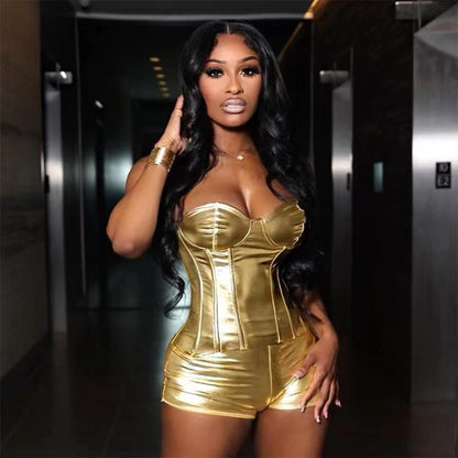 Spring Summer Faux Leather Metallic Body Shaping Tube Top Casual Shorts Two Piece Set Women Clothing - Wanita Store