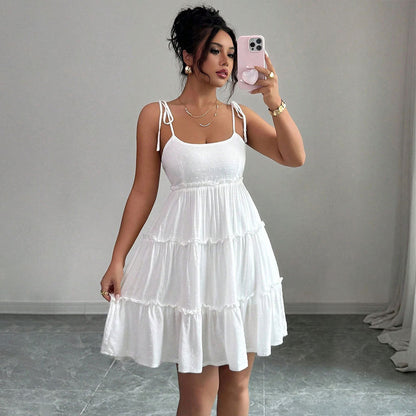 Robe Courte d'Été Femme Française à Volants Élégante Robe à Bretelles Nouées