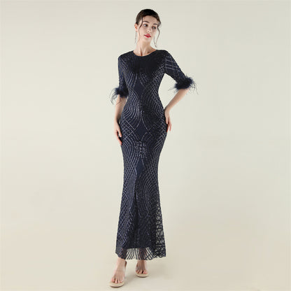 Positioning Floral Sequin Craft Order Ostrich Feather Decorative Evening Dress Long Sleeve Fishtail Cinched Peplum - Wanita Store