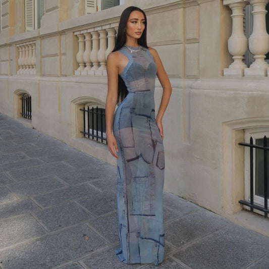 Women Clothing Micro Transparent Sexy Waist Tight Hip round Neck Maxi Dress