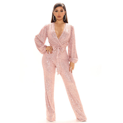 Fall High-End Women Sequ Deep V-neck Long Sleeve Jumpsuit Jumpsuit Trousers - Wanita Store