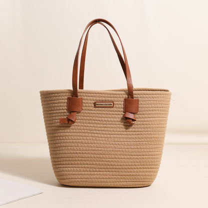 One Shoulder Cotton Thread Woven Bag Large Capacity Tote Straw Bag Vacation Beach Women Bag - Wanita Store