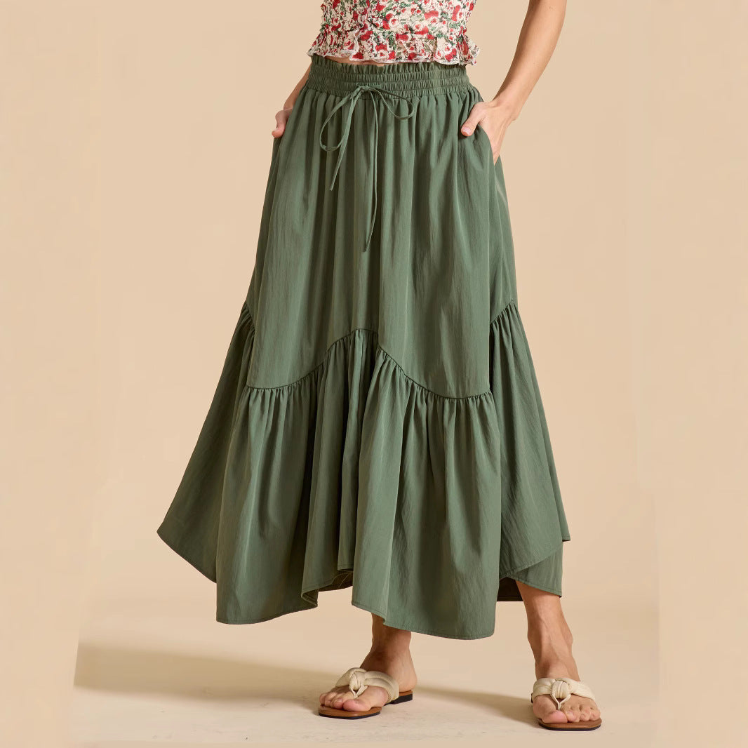 Women Wave Lace up Adjustable Skirt High Waist Elastic Large Swing Skirt Retro Long Skirt