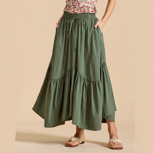 Women Wave Lace up Adjustable Skirt High Waist Elastic Large Swing Skirt Retro Long Skirt