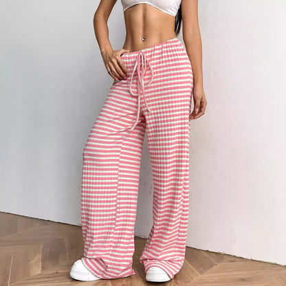 Autumn Winter Women Casual Striped Solid Color Rubber Band Drawstring Straight Leg Pants - Wanita Store