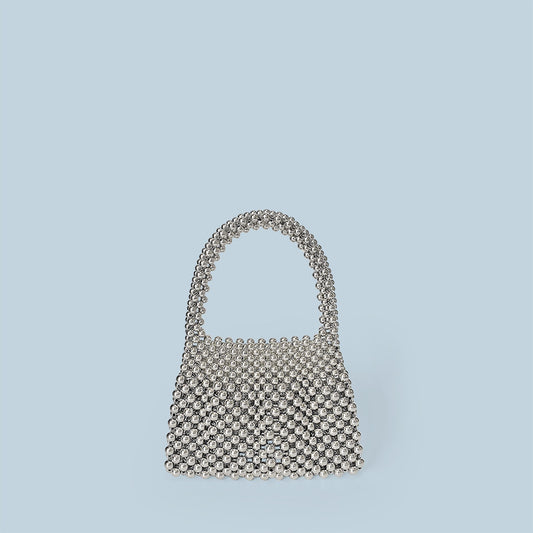 Celebrity Same Niche Vintage Metal Portable Bright Silver Generous Handmade Beaded Production Sparkle Silver Pearl Bag