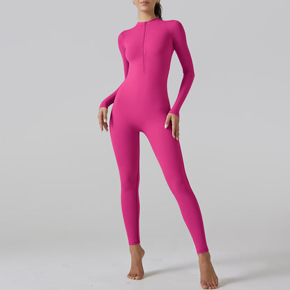 Internet Open Collar Long Sleeve Zipper One Piece Dance Fitness Sports Jumpsuit Sexy Tight Yoga Clothes for Women - Wanita Store