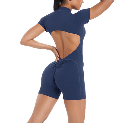 Hollow Out Cutout Beauty Back Short Sleeve Zipper Jumpsuit Peach Hip Sports Fitness Bare Back Jumpsuit Yoga Clothes for Women - Wanita Store