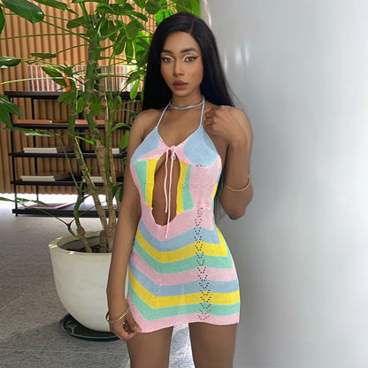 Wave Striped Contrast Color Product Mother Halter Straps Backless Chest Hollow Out Cutout Sexy Woolen Short Dress Women - Wanita Store