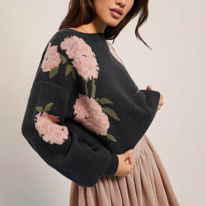 Autumn Winter Sweater Idle Simple Plant Floral round Neck Loose Knitwear - Wanita Store