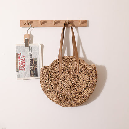round Straw Bag One Shoulder Portable Hollow Out Cutout out Straw Bag Woven Bag Women Summer Seaside Casual Vacation Beach Bag - Wanita Store