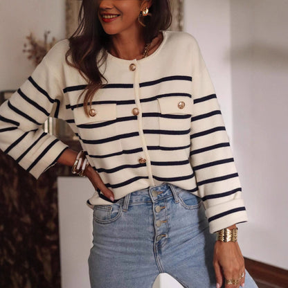 Sweater Autumn Winter Black White Striped Button Knitted Cardigan Casual Long Sleeved Sweater for Women - Wanita Store