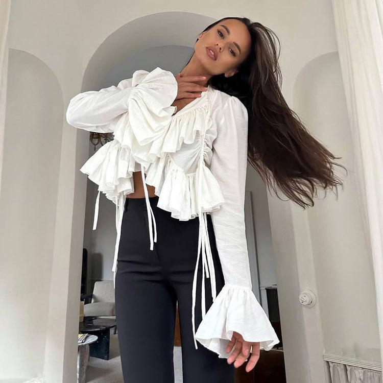 Women Clothing Spring Ruffled Flare Sleeve Tie Neck Top All Matching Shirt - Wanita Store