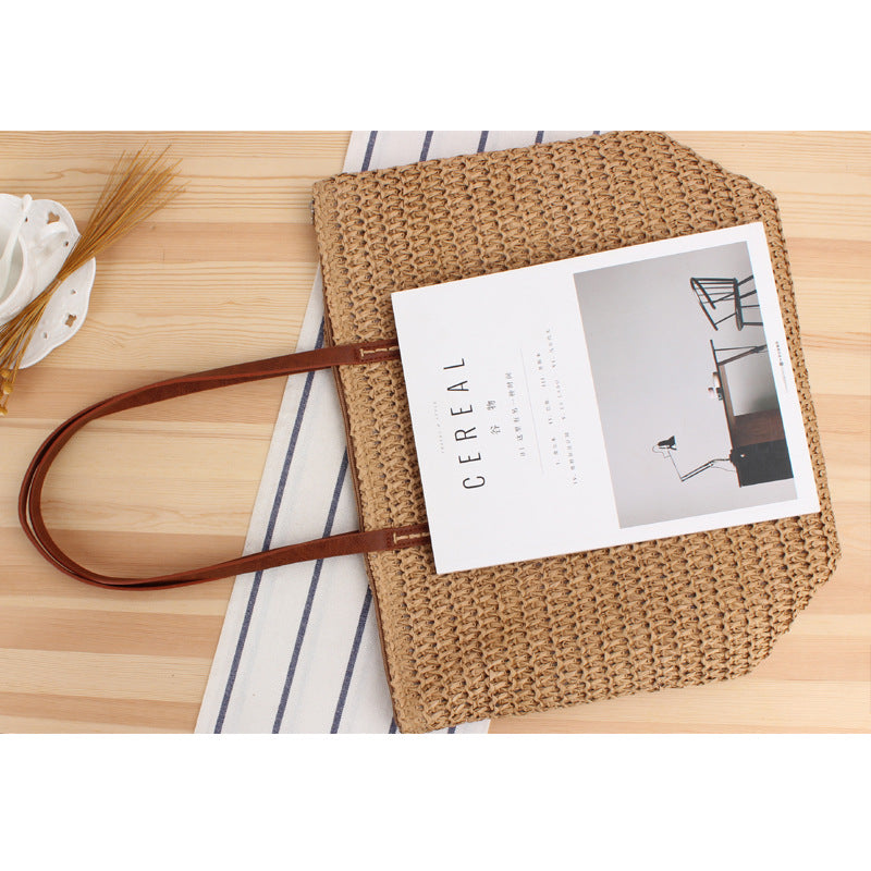 Solid Color Simple Shoulder Straw Bag Japanese Korean Woven Bag Daily Office Casual Vacation Women Bag