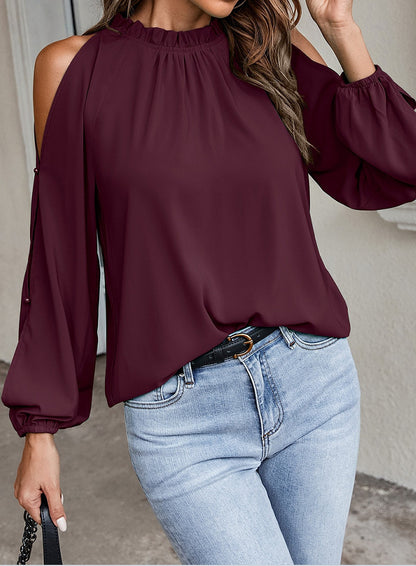 Autumn Winter Women Solid Color Lotus Leaf Round Neck Long Sleeve Pleated Off Shoulder Blouse - Wanita Store