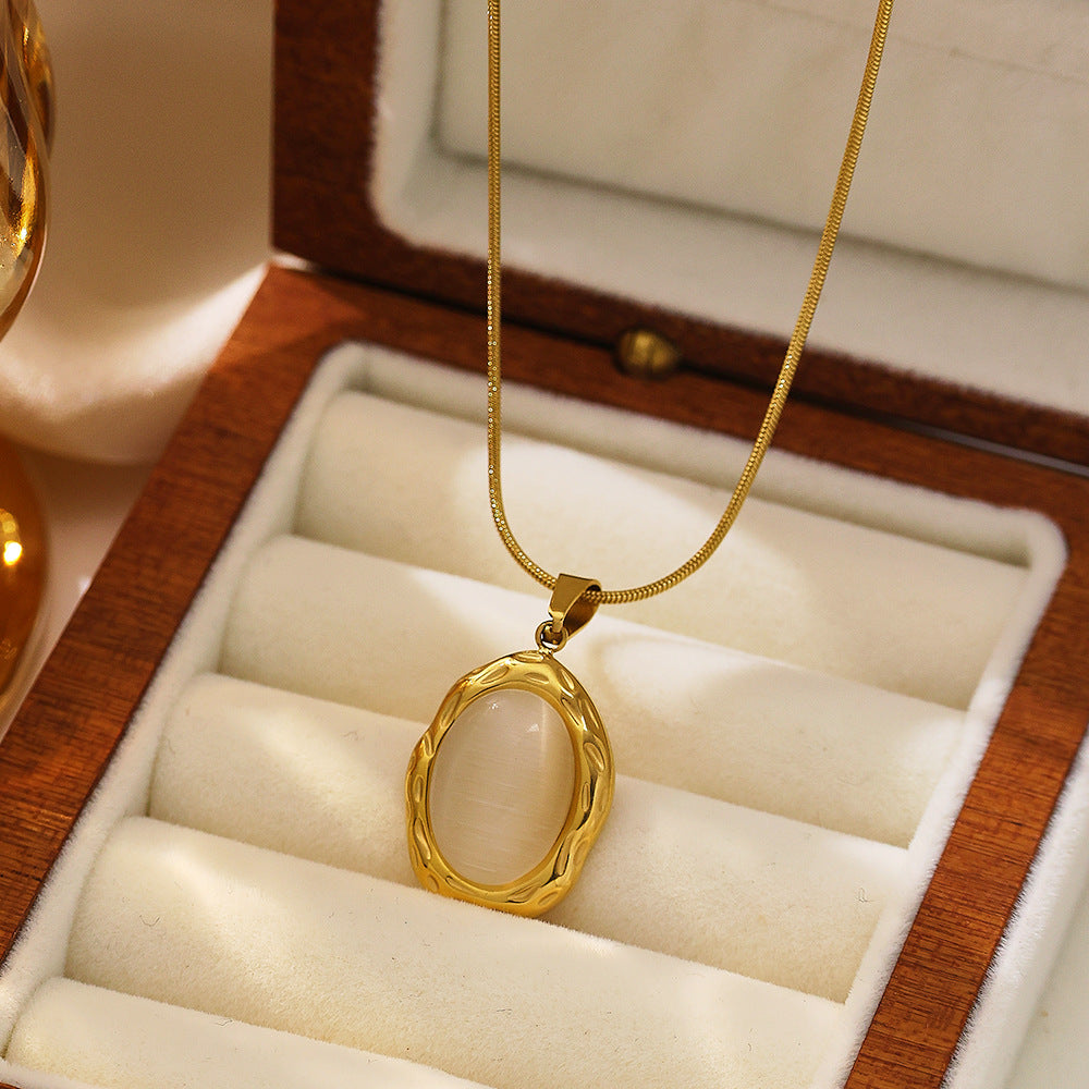 Sweater Chain High Grade Clavicle Chain Retro Cymophanite Oval Embellished Titanium Steel Necklace Accessories - Wanita Store